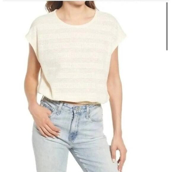 Madewell #AN461 Women Size Small Pointelle Knit Short Sleeve Crop Top Beige Cap - Picture 1 of 10